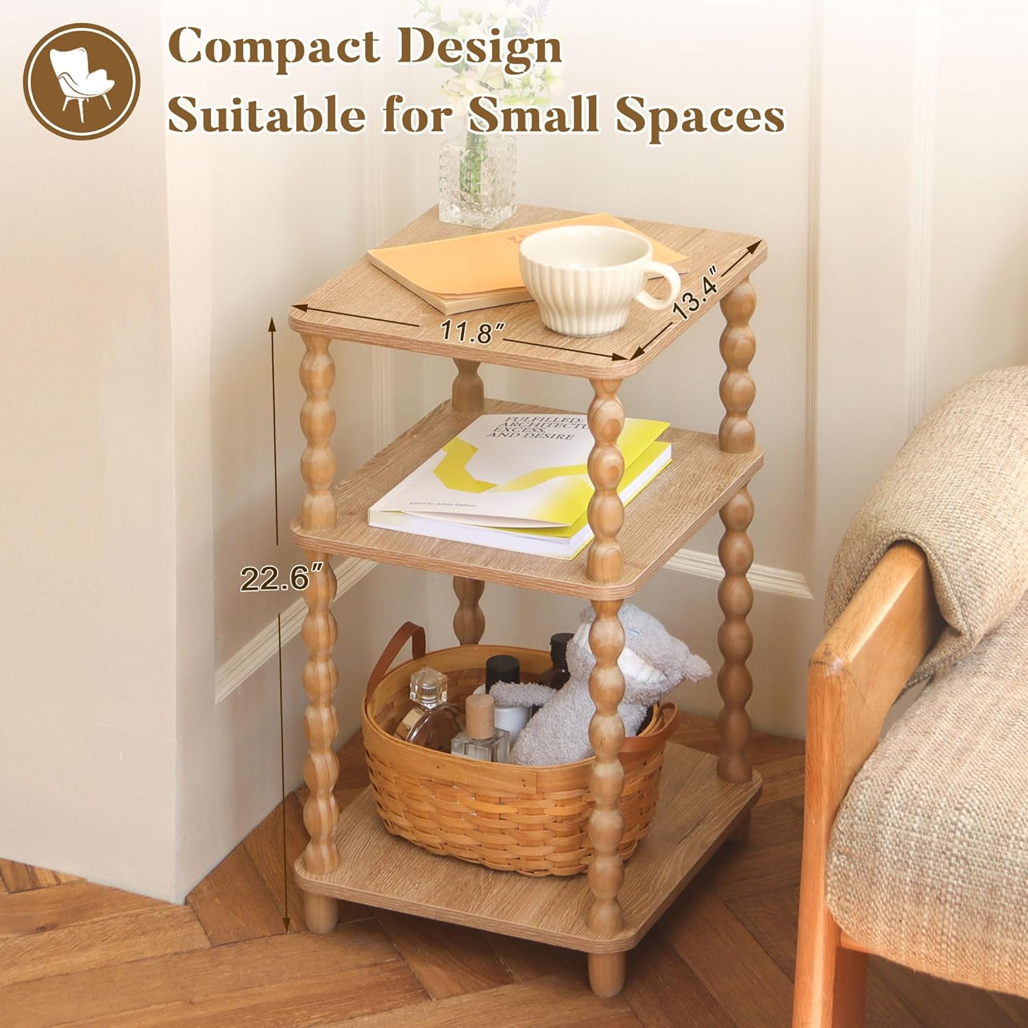 End Table, Modern Side Table with 3 Tier Open Shelf, Small Table Bed Side Tables Bedroom for Small Spaces, Living Room and Office (Rustic Walnut)